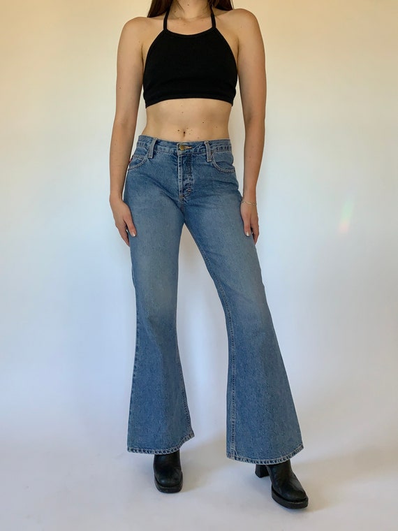90s Creme Blue Velour Stripe Bell Bottom Low Rise Pants – The Hip