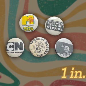 Retro Vintage 5 Pack of 90s Pinback Buttons - Bag Jacket Accessories Decor, Cartoon Network, MTV, Music Television, 80s, 70s, Skeleton, Pins