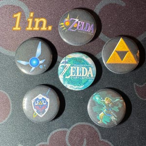Zelda Inspired 1in Pinback Button(s)- Accessory, Decor, Hat Jacket Pin, Pins, Gaming, Cozy Games, Link, TOTK, BOTW, Triforce, Hylian Shield