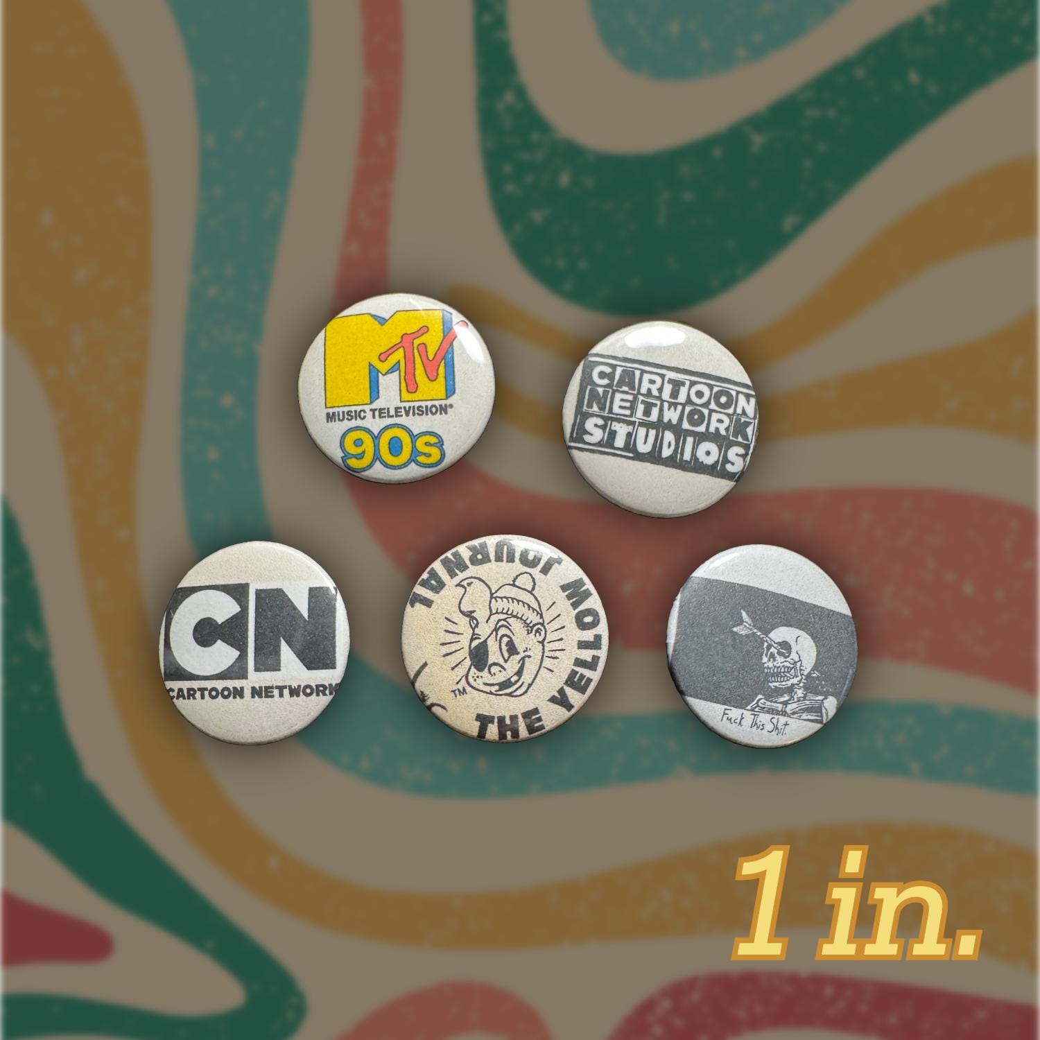 Retro Vintage 5 Pack of 90s Pinback Buttons - Bag Jacket Accessories Decor, Cartoon Network, MTV, Music Television, 80s, 70s, Skeleton, Pins