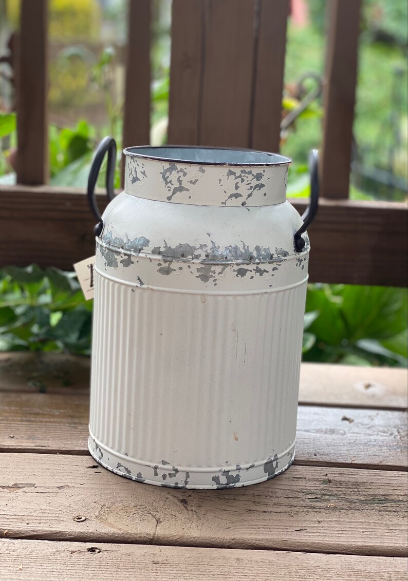 Distressed Galvanized Metal Vase Bucket White Etsy