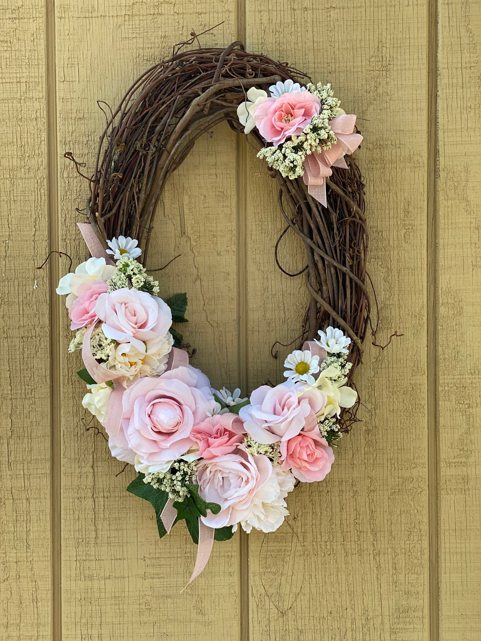 Peaches and cream oval grapevine wreath Etsy