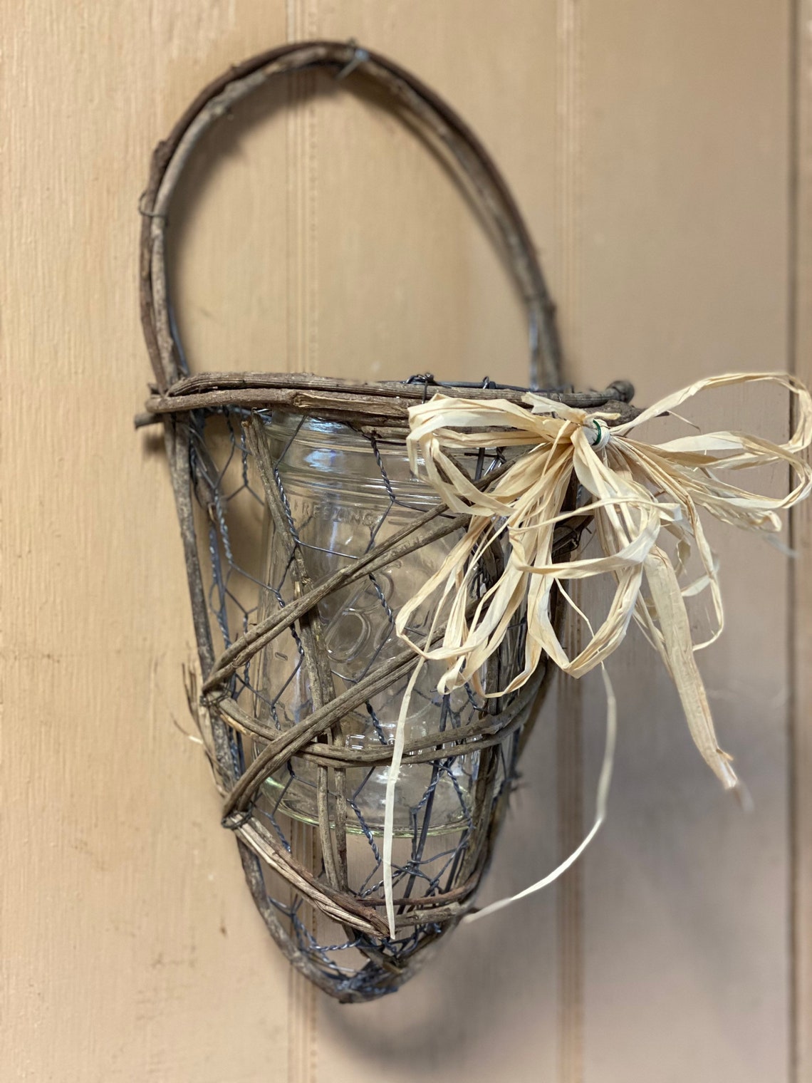 Wire Wall Basket With Mason Jar Hydrangea and Bow Etsy