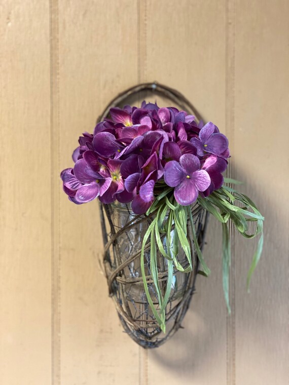 Wire Wall Basket With Mason Jar Hydrangea and Bow Etsy