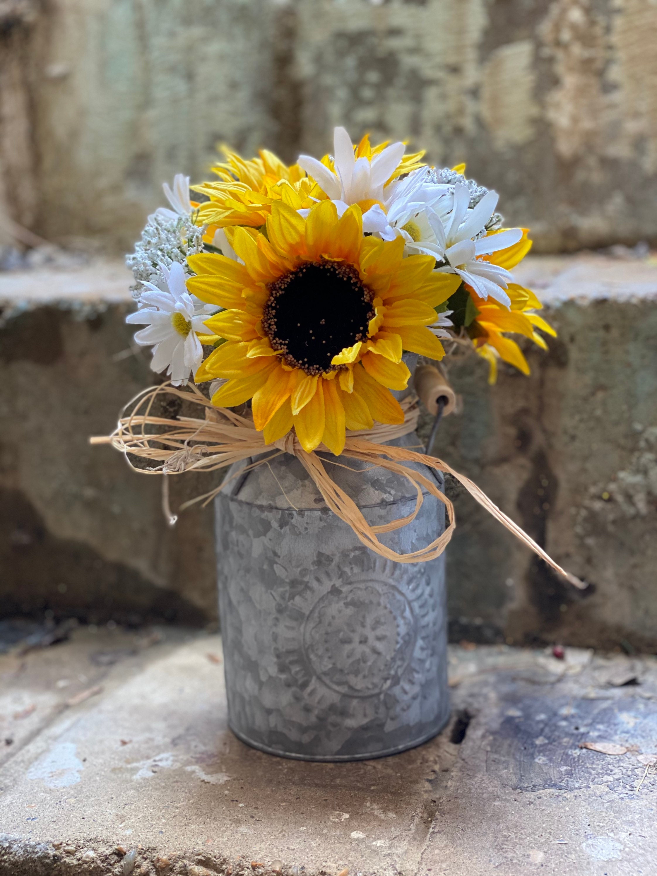 Farmhouse Galvanized Metal Bucket Vase of Sunflowers and Etsy