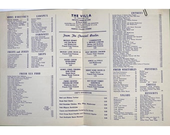 Cardápio de jantar vintage do restaurante italiano THE VILLA, Staten Island, Nova York, década de 1950.