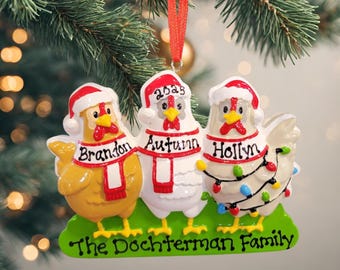 May include: A Christmas ornament featuring three cartoon chickens wearing Santa hats and scarves. Each chicken has a name on its scarf: Brandon, Autumn, and Holly. The ornament is green at the base and has the text "The Dochtermann Family".