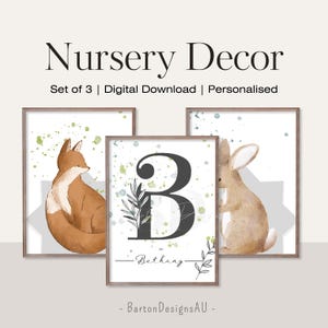 Juego de arte de pared personalizado de conejo y zorro para guardería, impresión de letras con nombre personalizado, decoración de habitación infantil con temática de bosque, minimalista, descarga digital
