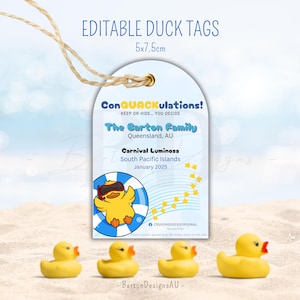 ConQUACKulations Enten-Tag-Vorlage - Bearbeitbare & benutzerdefinierte druckbare Etiketten für Kreuzfahrt-Rubberenten - Sofort-Download