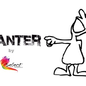 May include: Black and white illustration of a person laughing and pointing to the left. The text "BANTER by Select cards, gifts and art" is below the illustration.