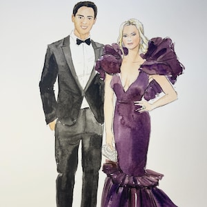 Hand Painted Couple Red Carpet Fashion Illustration, Custom Fashion Illustration Portrait, Personalised Fashion Art, Couple Illustration