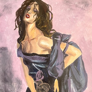 Acrylic Woman Portrait Painting, Original Hand Painted, 8x12&quot;, Fashion Art, Purple Colour Art, Original Acrylic Painting, Moody Art