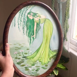 Obra de arte original de Ninfa de Agua Verde con marco vintage, arte vintage, arte de sirena pintado a mano, núcleo de sirena