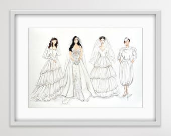 Hochzeitsportrait vom Foto, handgemalte Brautillustration, Geschenk Mutter der Braut, Generationenkunst