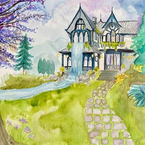 Hand Painted Fairy House Painting,  Custom Hand-Painted House Painting, New Home Housewarming Gift From Photo, Wedding Venue Drawing.
