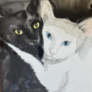 Original Cat Artwork, &#39;Yin and Yang Cats, Hand-Painted Wall Art, Watercolor Painting, Watercolor Black and White Cats on Canvas
