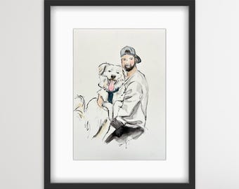 Hand Painted Watercolor Dog Portrait: Man and Pet Art