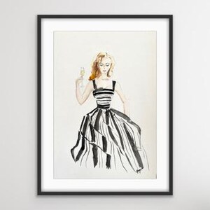 Champagne Chic, opere d'arte di moda originali, dipinti a mano su pareti di moda, acquerelli, illustrazioni di moda, decorazioni per la casa alla moda