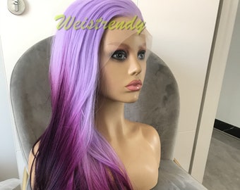 Inspired by Morning Glory Lilac into Dark purple Ombre Wigs Long Straight hairstyle wigs Synthetic Swiss Lace frontal Wigs Heat Safe