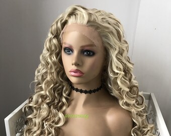 Mixed Blonde Brown Long Ring Curls Wigs Premium Synthetic Fibre Heat Safe Glueless Lace Front Wig