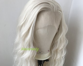 White Blonde | Platinum Blonde Long Waves Wig Premium Synthetic Soft Swiss Lace frontal Wigs Multi Parting