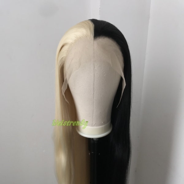 32in Half and Half Black 613 Blonde Long Straight Hair Synthetic Lace frontal Wig with Natural Hairline