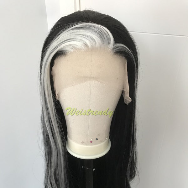 Silver Fronted Black Wig Jet Black with Pale Silver front edge Long Straight Hair Wigs Soft Swiss Lace Front Synthetic Wig Heat Safe