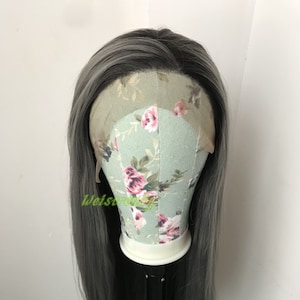 Rooted Steel Grey | Dark  Grey Long Straight Hair Premium Synthetic Lace Frontal Wigs Heat Safe