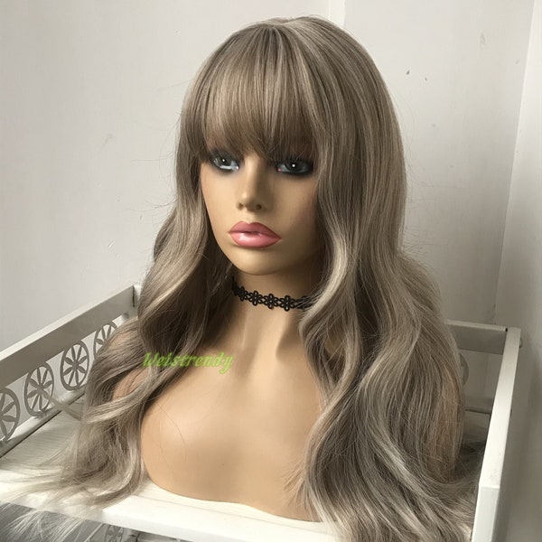 Mixed Brown Blonde Ombre Platinum Blonde Long Wavy Wigs with Fringes/Bangs Synthetic Wigs Heat Safe