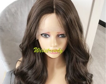 Realistic Dark Brown Loose Wavy Long Straight Layered Centre Part Premium Synthetic Soft Swiss Lace Wig 6" Deep Part