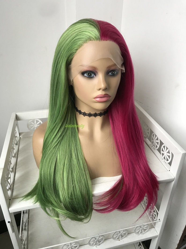 Half and Half Mixed Green Pink Long Straight Hair Premium - Etsy