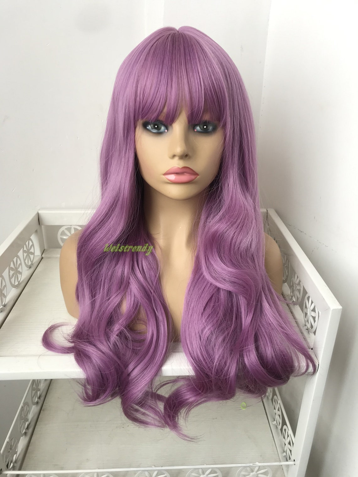 Realistic Deep Lilac Long Wavy Wigs with Fringes/Bangs Etsy