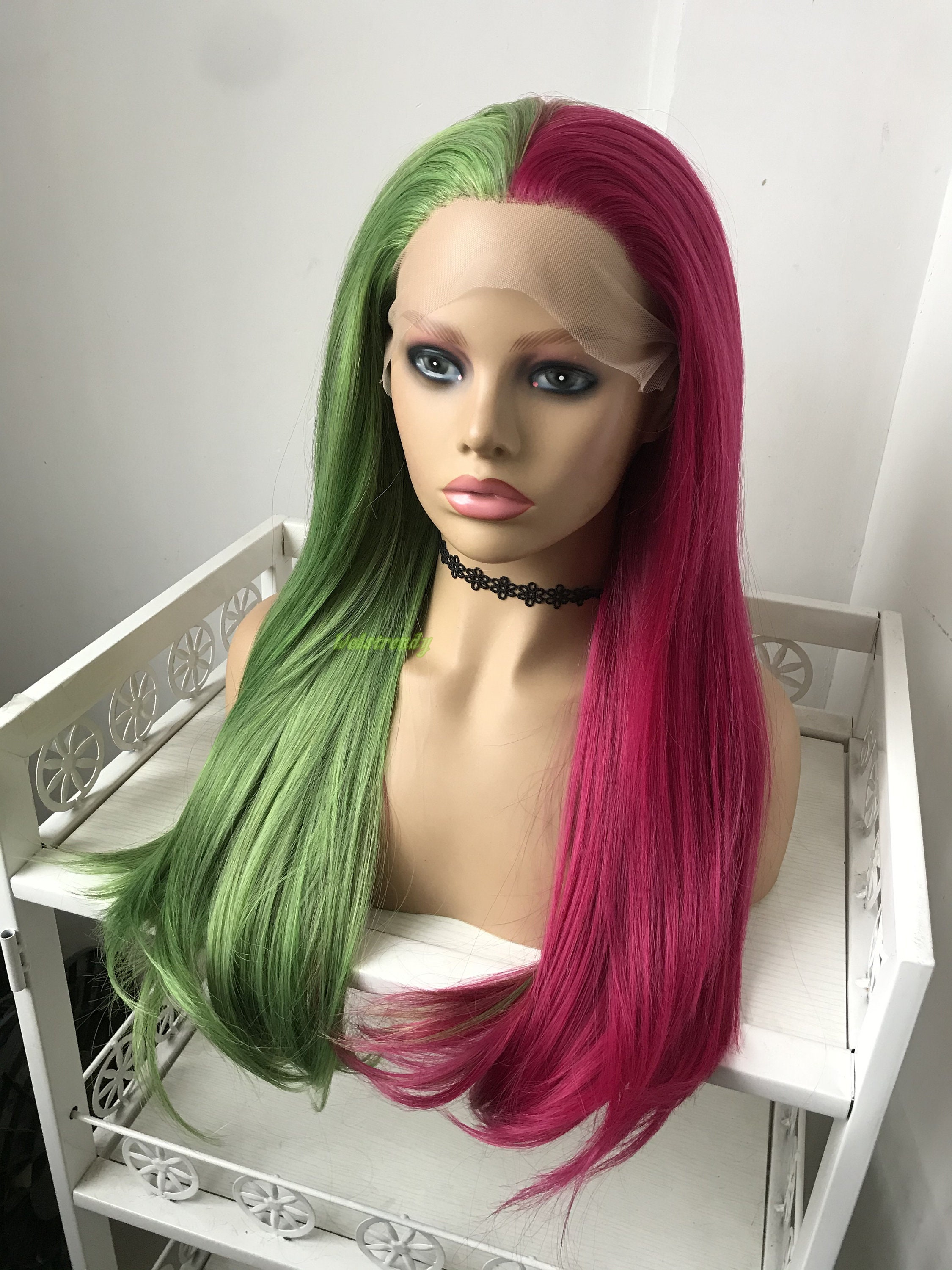 Half and Half Mixed Green Pink Long Straight Hair Premium | Etsy