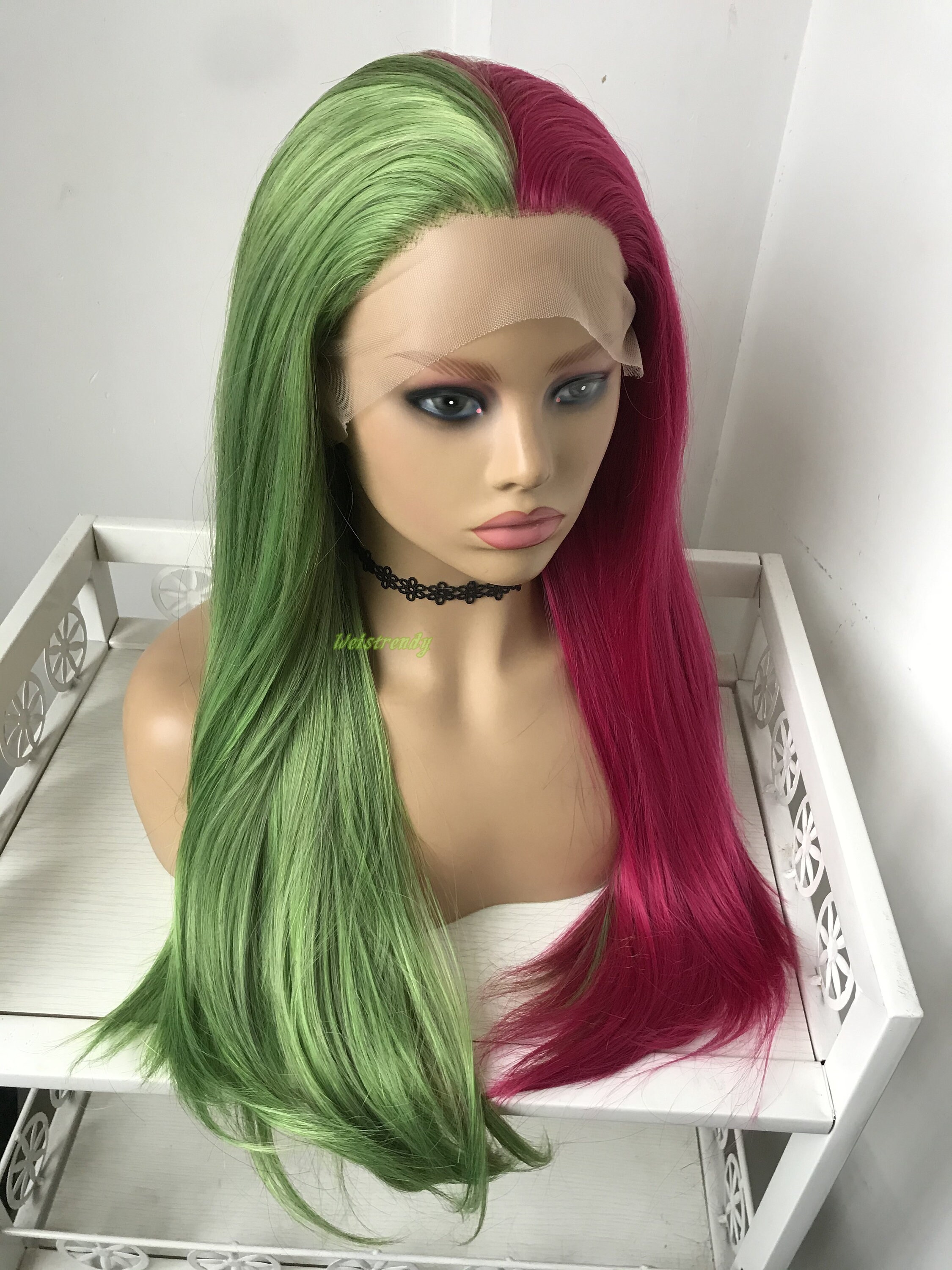 Half and Half Mixed Green Pink Long Straight Hair Premium | Etsy