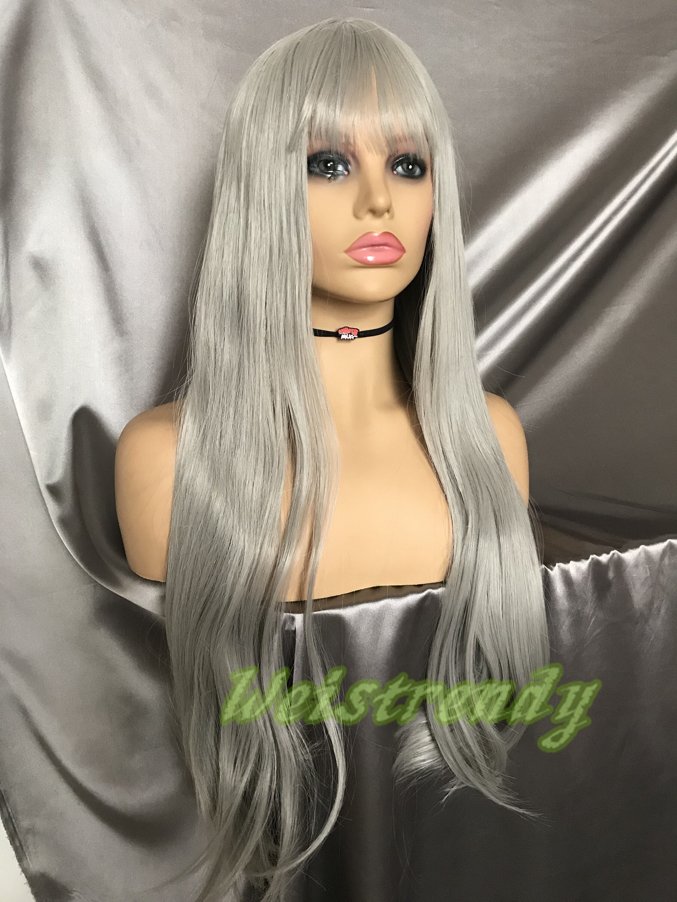 Long Straight Silver Gray Premium Synthetic Full Wig With Etsy