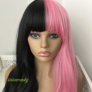 Half And Half Pink Black Long Straight Waves Hair Premium Etsy