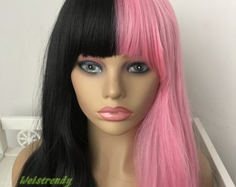 Half And Half Pink Black Long Straight Waves Hair Premium Etsy