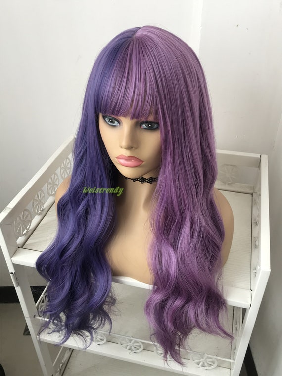 Half And Half Mixed Purple Blue Lavender Platinum Blonde Long Straight Waves Hair Premium Synthetic No Lace Wig With Bangs Heat Safe