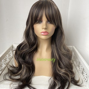 Realistic Brown with Blonde Hightlights Long Natural Wavy Wigs with Fringes/Bangs Synthetic Wigs Heat Safe