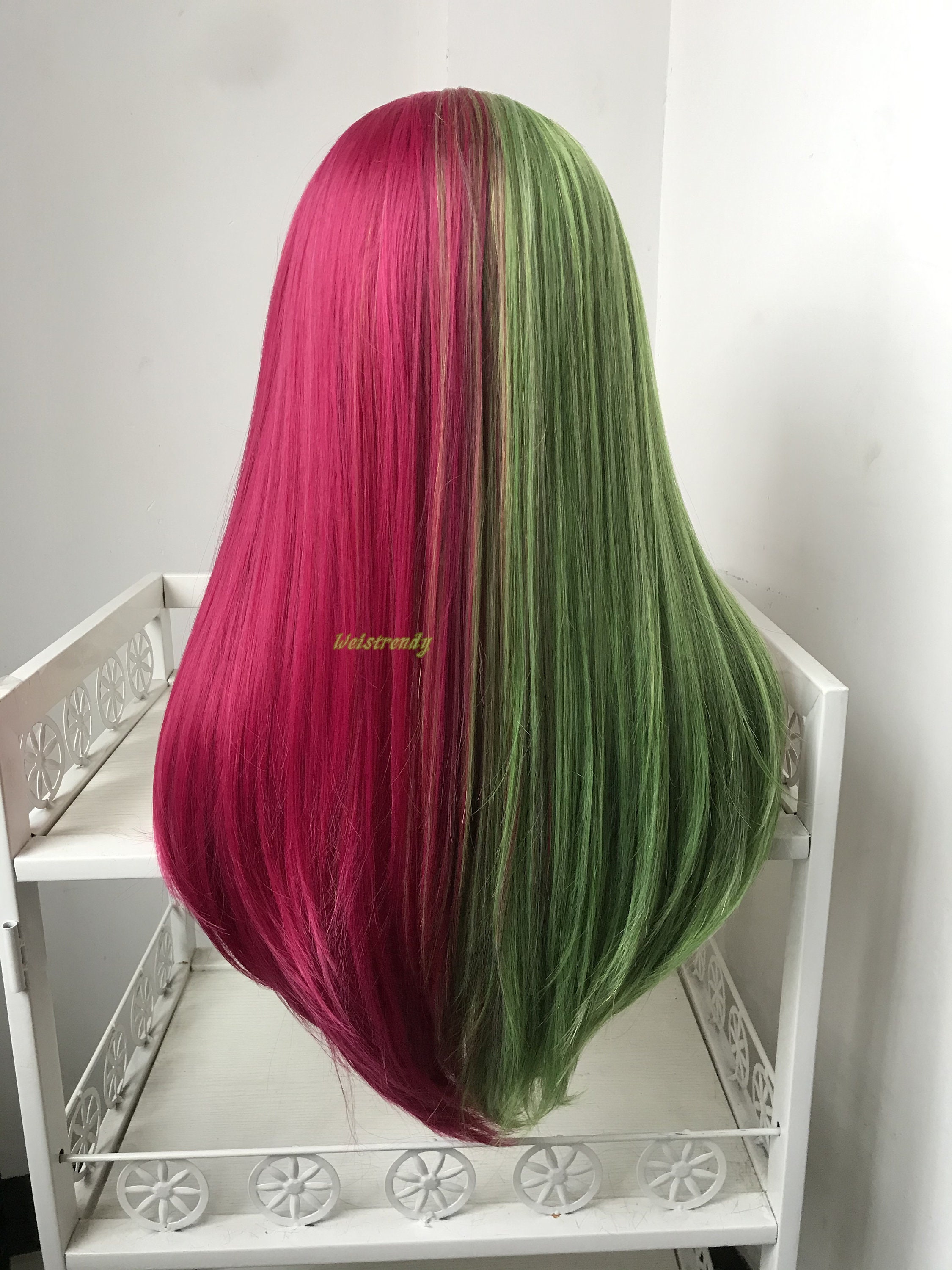 Half And Half Mixed Green Pink Long Straight Hair Premium Etsy