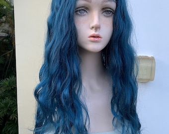 Cheveux longs bleu électrique ondulés synthétiques de qualité supérieure avec fermeture à lacets, perruque de séparation moyenne, résistant à la chaleur, perruques de fête cosplay, doux