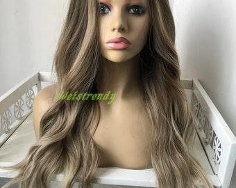Dark Roots Light Brown Mixed Brown Blonde Ombre Wigs 3 Tones Long Loose Wavy Premium Synthetic Heat Safe Fibre Full cap Wig Realistic Wigs