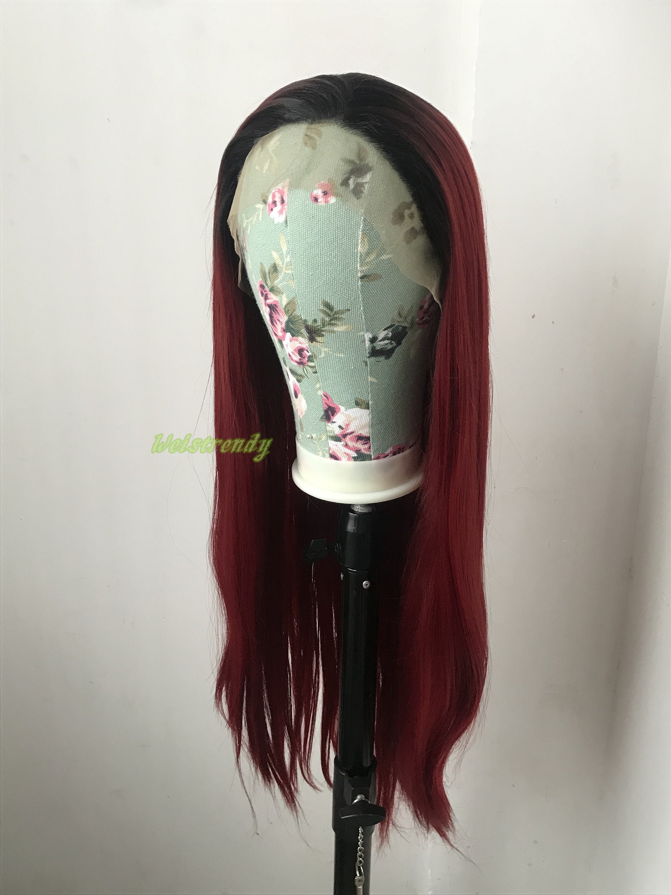 Ombré Dark Red Long Straight Hair With Black Roots Premium - Etsy