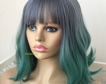 Steel Grey Green Ombré Short Straight Wavy Bob Hair With Bangs - Etsy Australia Steel Grey Green Ombré Short Straight Wavy Bob Hair With Bangs - Etsy Australia