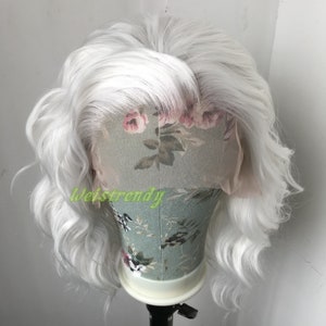 Pure White Wigs Beachy Wavy Short Bob Premium Synthetic Swiss Lace Front Wig Free Partting Heat Safe