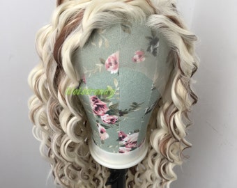 Mixed Beige Blonde Brown Long Ring Curls Wigs Premium Synthetic Fibre Heat Safe Glueless Lace Front Wig