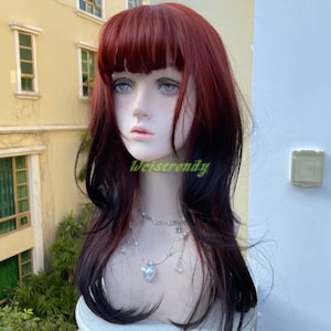 Red Brown Ombre Black Wig Butterfly Cut and Long Straight Hair with Bangs Synthetic No lace Cosplay Wig Fun Wigs Heat Safe