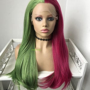 Half and Half Mixed Green Pink Long Straight Hair Premium - Etsy