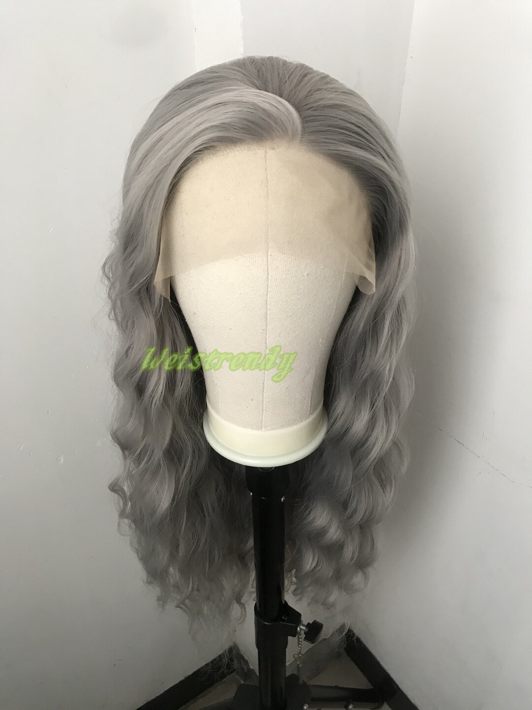 Grey Long Water Waves Hair Synthetic Swiss Lace Frontal Wig Heat Safe Free Parting