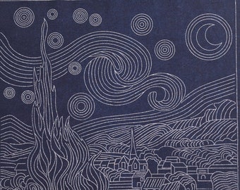 Sashiko embroidery panel "Starry night" by Vincent Van Gogh